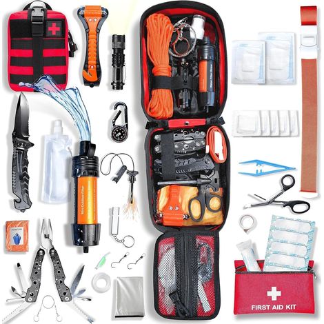 Kit de Survie Complet + Trousse de Secours + Paille Filtrante + Sac + Pierre Allume Feu Couverture Pince Multifonction Outils Accessoire Militaire Boite Gadget Premiers Soins Pêche