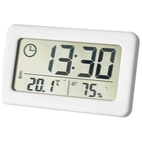 Termometro e igrometro elettronico, piccolo orologio con visualizzazione di temperatura e umidità (℃/℉), selettore orario 12/24 ore, design sottile a batteria, ideale per camera da letto e casa. (1/4)