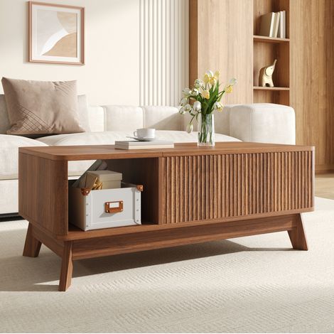 Mesa de centro elevable de MDF color nogal con compartimento lateral abierto y almacenaje oculto (1/5)
