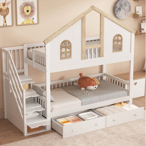 Lit superposé enfant moderne 90x200 cm bois massif et MDF blanc+naturel avec fenêtres, escalier rangement et 2 tiroirs (1/5)