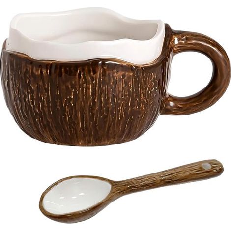 Tazza da caffè in ceramica con cucchiaino, tazza in cocco, tazza nuova, tazza estetica, regalo elegante per casa/ufficio, circa 250-300 ml (1/5)
