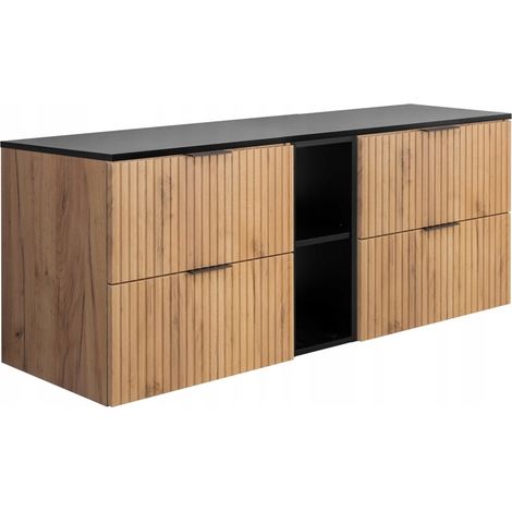 Waschtischunterschrank Flow 140 cm - Schwarze Eiche - Elegant und Praktisch - Mit Regal und Tablett