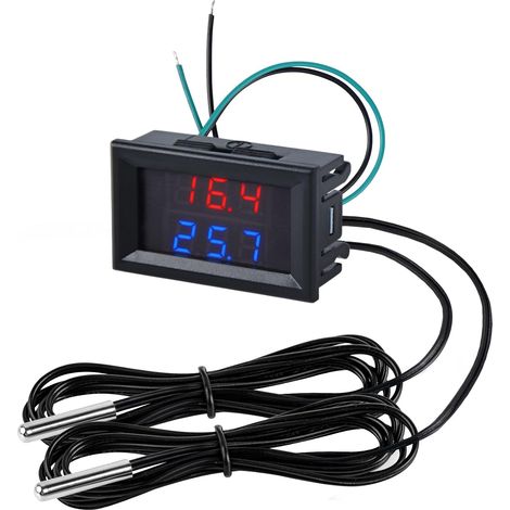 Thermomètre Numérique à Double Affichage LED Température Testeur avec 2 Sondes Étanche DC 4-28V Mini Testeur pour Réfrigérateur Aquarium, mit Fil de 2M, Rouge (1/5)