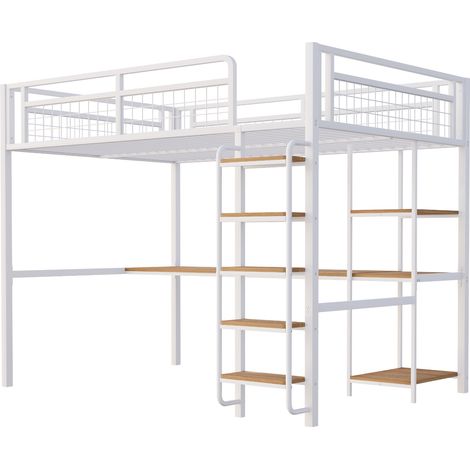 Letto a soppalco in metallo 140 x 200 cm bianco con scala, scrivania e ripiani (1/5)