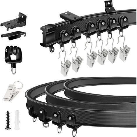 Tringle à rideaux pliable pour baie vitrée, rail à rideau flexible à fixation murale au plafond, rails de rideaux et raccords, 3 mètres noir (1/4)