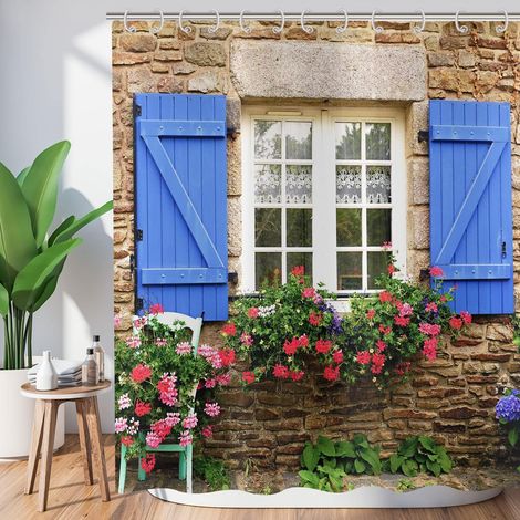 Rideau de Douche Jardin 180x180, 3D Rideaux de Douche Fleurs Plantes Bleu fenêtre Pierre Mur extérieur Image Paysage Nature Rideau Baignoire imperméable Tissu Polyester Lavable Rideau de Bain (1/5)