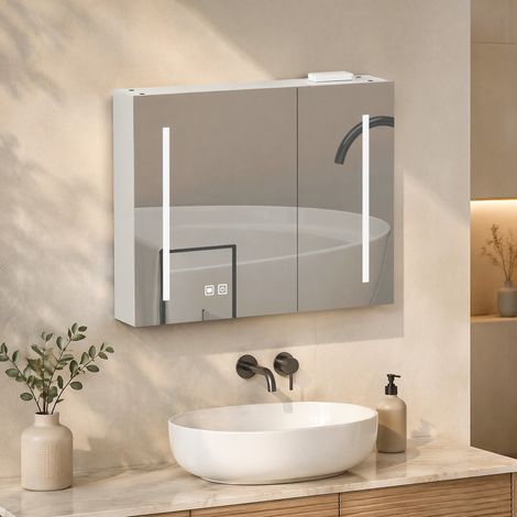 Armario con espejo LED de pared MDF y vidrio blanco 80 cm, con almacenaje (1/5)