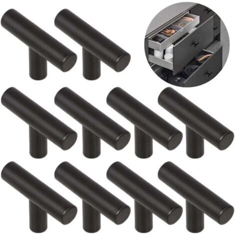 10 Pièces T Alliage Poignée Brossé Facile Poignées Porte D'armoire Meubles Monotrou Alliage Solide Durable, pour Tiroirs, Armoires, Placard, Armoires Chaussures, Tables Chevet—Noir Sable