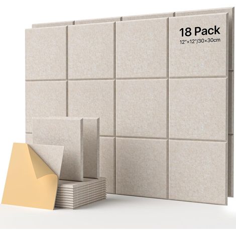 Un ensemble de 18 panneaux muraux insonorisés, en mousse absorbante, adaptés aux studios d'enregistrement, dimensions : 30 cm x 30 cm x 1 cm, beige. (1/5)