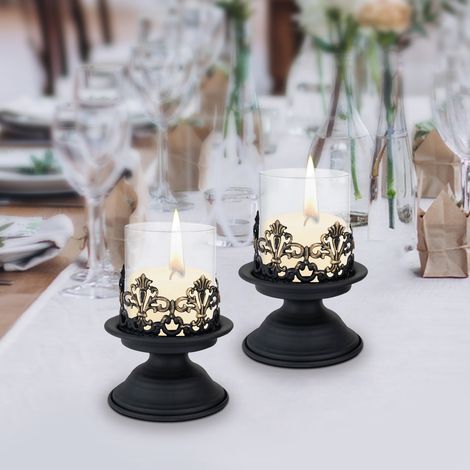 Lot de 2 bougeoirs vintage en fer forgé avec couvercle en verre, bougeoirs de table pour bougies chauffe-plat (1/5)