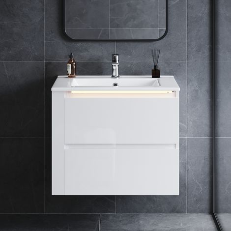 ELEGANT Vanity Basin Units Undermount Basin Bathroom Cabinet with Induction LED 2 Drawers Furniture, White 600×450×500mm(No Basin)