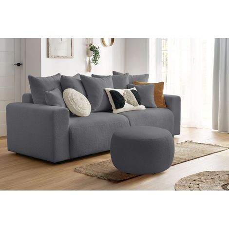 BOBOCHIC - Canapé droit convertible coffre ENVY tissu bouclette doux avec pouf rond Gris foncé (1/5)