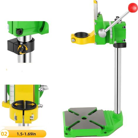 Supporto per trapano, girevole a 90°, alto 49 cm, mandrino regolabile (da 1,5 a 1,65 pollici), base stabile con fori per viti, guida a coda di rondine e perno in rame. (1/5)