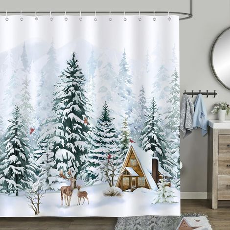 Rideau De Douche - Motif Forêt Enneigée Cerf Cabane Sapin Noël - Polyester Imperméable 152 X 183 Cm - 12 Anneaux Métalliques - 1 Pièce (1/5)