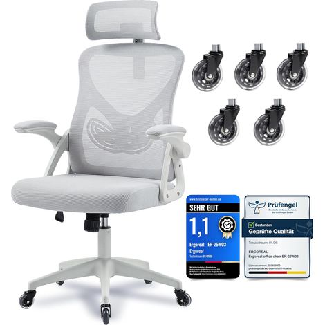 Chaise de bureau ergonomique grise, appui-tête 2D, accoudoirs rabattables, maille, inclinable 90-110° (1/5)