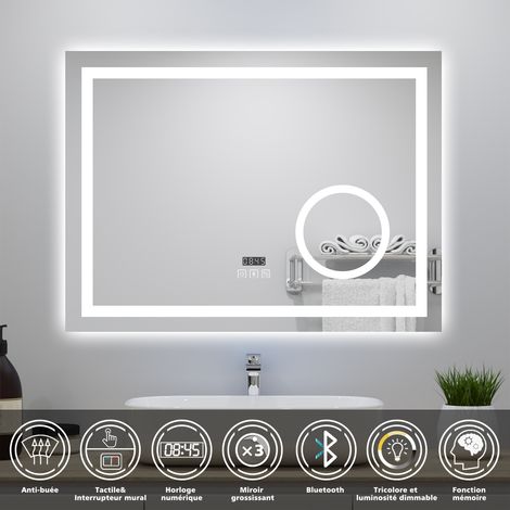 Miroir de salle de bain tactile LED 80x60cm avec loupe d'horloge Bluetooth 3 couleurs dimmable anti-buée et fonction de mémoire ocean (1/5)