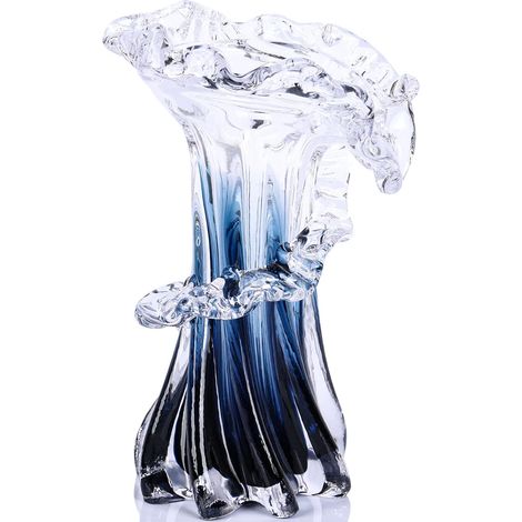 Vases Bleu Blanc Transparent à Dégradé d'Onde, Vase en Verre Soufflé à la Main en Art Décoratif Unique, pour Thème Océan, Pièce Centrale Côtière, Bureau Moderne, Entrée de Table (1/5)