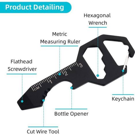 Porte-Clés Multitool 6 en 1 - Décapsuleur Tournevis Règle Cutter - Noir et Argenté - Lot de 2 (1/4)