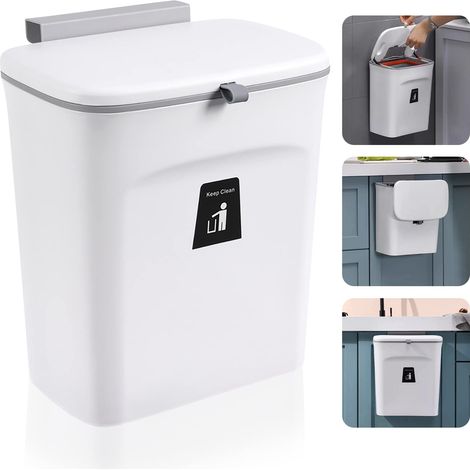 Poubelle de cuisine, poubelle de 9 l, à suspendre, avec couvercle, pour salle de bain, chambre à coucher, poubelle à compost pour cuisine (Blanc) (1/5)