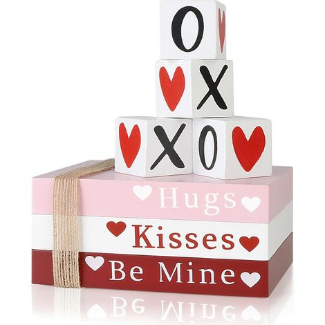 Saint-Valentin, décorations de Saint-Valentin, pile de livres en bois avec 4 panneaux XOXO - Décoration intérieure pour la Saint-Valentin, présentoir à étages, table basse, cheminée, étagère