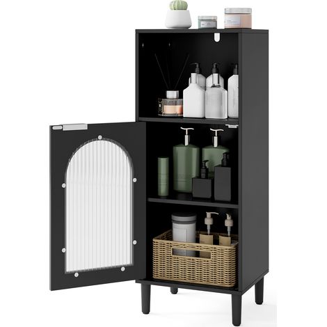 COSTWAY Bathroom Floor Cabinet Wood Side Storage Organizer w/Shelf-Black (1/5)