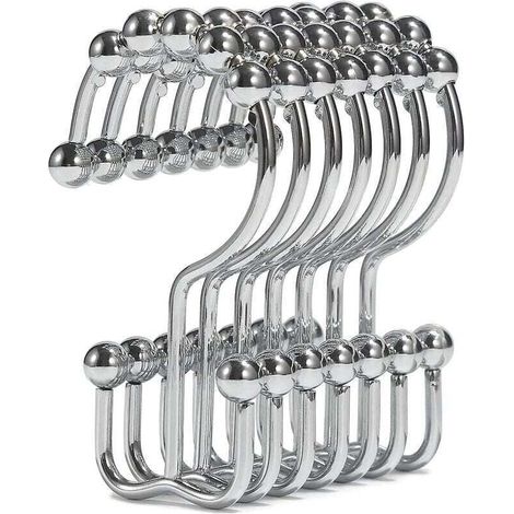ZVD 12pcs Patère de salle de bain Anneaux de crochets de rideau de douche , crochets de douche à double glissement en métal résistant à la rouille compatibles (1/4)