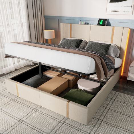 Polsterbett USB Type C Ladefunktion APP-Control LED Einzelbett  Stauraumbetten Bettgestell, Lattenrost aus Holz,Leinenmaterial (Ohne Matratze)