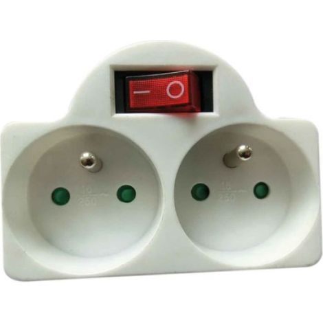 Fiche Biplite 2P+T Avec Interrupteur - 16 A - 3500 W - Protection Enfant - 2 Sorties Frontales - 1 Pièce