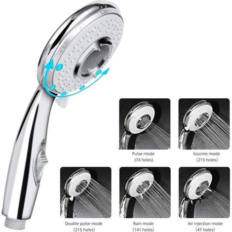 Douchette à main haute pression à économie d'eau avec flexible de douche de 2 m, 5 modes d'économie d'eau, acier inoxydable (1/3)