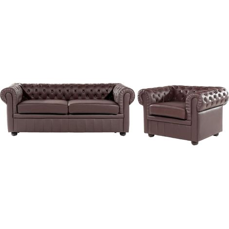 Chesterfield Living Room Set Brown Leather Upholstery Dark Brown Legs 3 Seater Sofa + Armchair Contemporary CHESTERFIELD