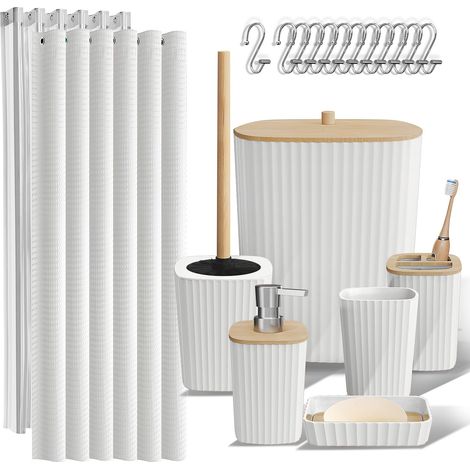 Ensemble d'accessoires de Salle de Bain, 20 pièces, Rideau de Douche Blanc, Brosse WC, Poubelle et Distributeur de Savon (1/5)