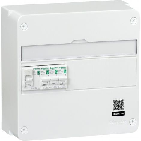 Schneider Electric – Tableau électrique équipé apparent 1 rangée 13 modules – Interrupteur différentiel 1x63A type A – Disjoncteurs 2x16A 1x10A – IP30