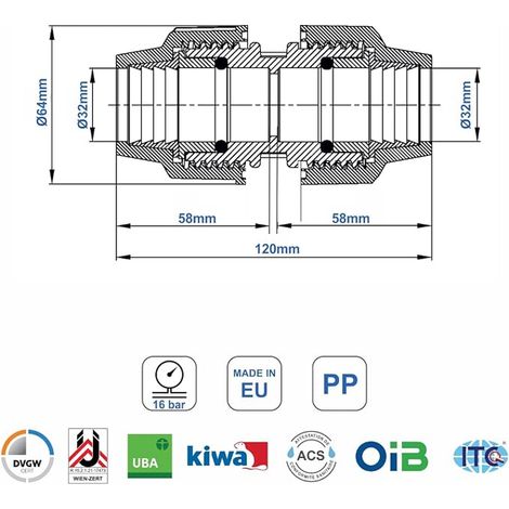 Connecteur tuyaux MDPE PP 32mm x 32 mm égal Adaptateur tuyau d’eau PE compression Raccords plomberie PN16 tuyaux PE80 PE100 (1/4)