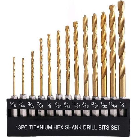 Set of 13 high-speed steel twist drill bits with titanium coating, hexagonal shank, for wood, plastic and aluminum