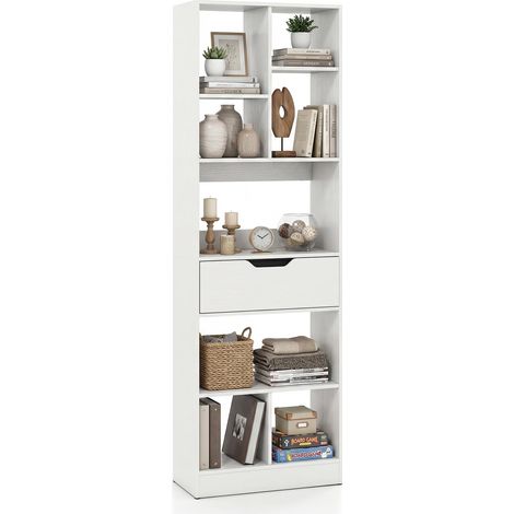 COSTWAY Libreria Verticale con 7 Cubi e Cassetto (Bianco,50x24x155cm) (1/5)