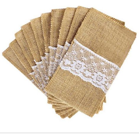 Pack of 20 Cutlery Holder Bag Burlap Tooth Pouch Tableware Fork Jute Vintage Table Decoration Wedding Party Supplies Christmas Baptism Jute Bow,B (1/3)