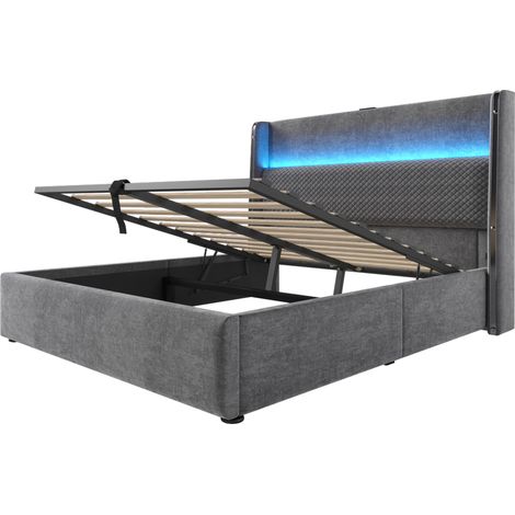 Cama abatible hidráulica 160 x 200 cm con cabecero alto LED y puertos USB Type-C gris HOMVRA (1/5)