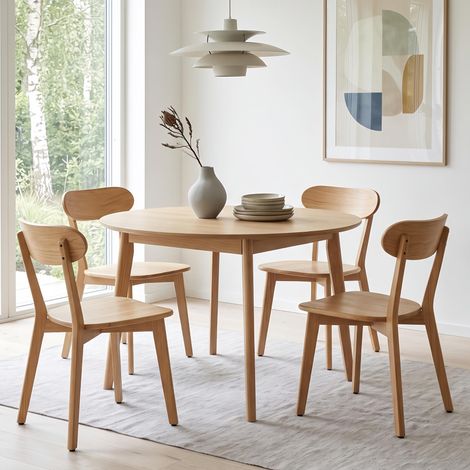 Lot de 4 Chaises Bois Massif Moyen Siècle - Coussin confortable, Chaise cuisine ergonomique - Idéal Salon et Cuisine, Natural (1/5)