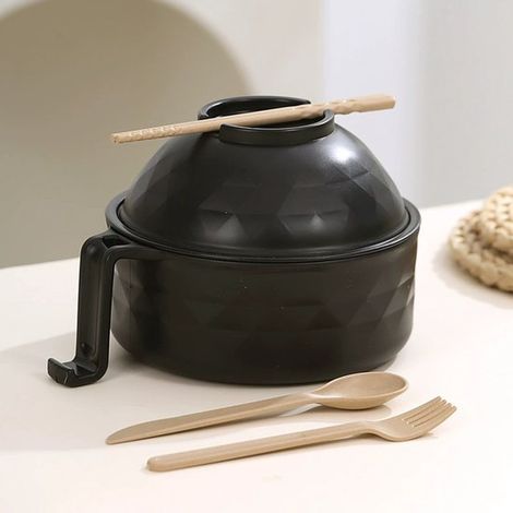 Ramen-Schüssel-Set 850 ml Schwarzer Ramen-Topf mit Essstäbchen und Löffel Mikrowellengeeigneter Nudelkocher Ein Muss für Studentenzimmer und (1/5)