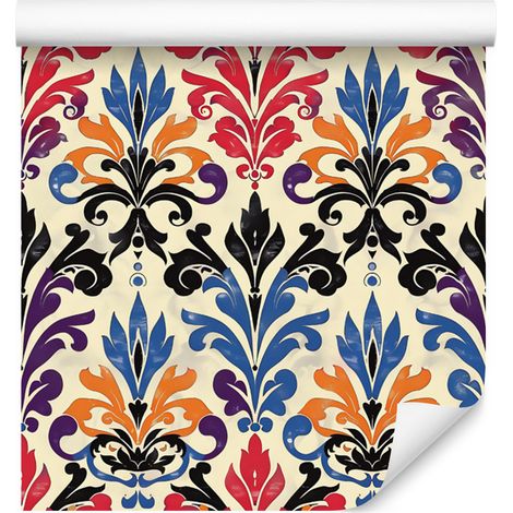 Papier peint baroque damassé crème, bleu et marron 50x1000 cm (1/5)
