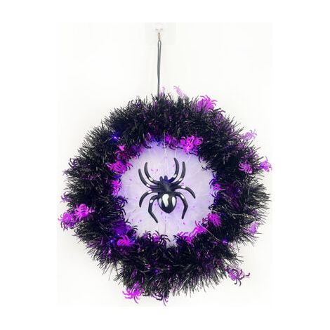 Couronne de porte d'Halloween avec lumières, couronne d'araignée décorative d'Halloween avec lumières violettes, décorations d'Halloween pour l'extérieur, l'intérieur et les fenêtres. (1/5)