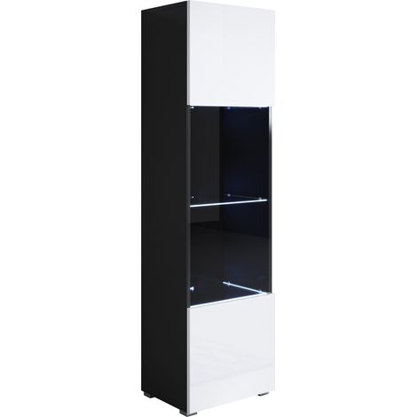 Stehende Vitrineschrank mit 2cm Füsse mit LED Hängeschrank Vitrinenschrank Vitrine Wohnzimmer 1 Tür 4 Fächer 40x167x29cm Modell Luke V6 Schwarz und Weiss Glanz