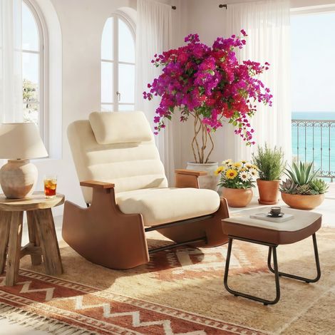 Poltrona a Dondolo con Poggiapiedi - Poltrona Reclinabile Ergonomica Imbottita - Angolo Regolabile (100°-160°) - Tessuto in Velluto a Costine e Poggiatesta Incluso - Beige (1/5)