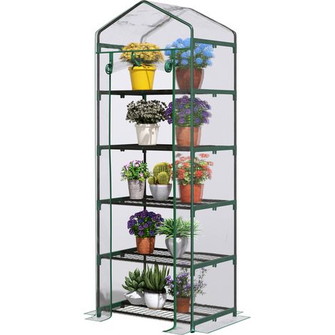 PVC-Gartengewächshaus mit 5 Ablagen, Balkongewächshaus mit verstärkter 135 g/m²-Plane, Stahlrahmen, aufrollbarer Reißverschlusstür, für Gemüse, Pflanzen und Blumen, 69 x 49 x 193 cm, transparent