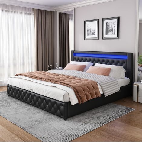 CHICFURN Cama con canapé 160x200 cm en PU negro con LED y almacenaje, somier de láminas (1/5)