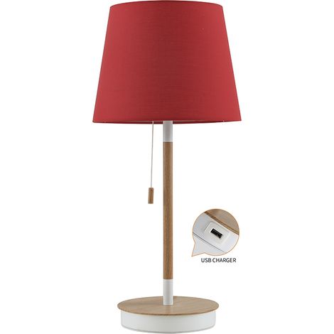 LAMPARA DE PIE MESA MADERA ROJO CON CARGADOR USB E27