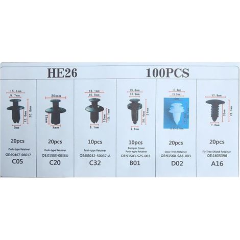 Lot de 100 clips de retenue pour carrosserie de voiture, rivets en plastique, fixations, pare-chocs, garniture de porte, panneau, vis avec outil de retrait (1/5)