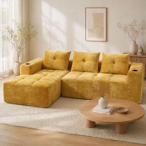 Canapé d'angle 4-5 places 255 x 161 cm en chenille avec 3 coussins et 2 porte-gobelets jaune DESVIAE (1/5)