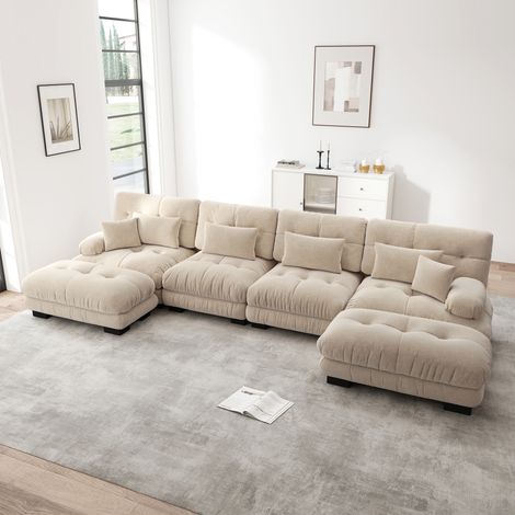 Canapé d'angle modulable 4 places canapé panoramique U ou L, assise profonde avec 2 poufs mobiles pour salon - chenille - brun clair