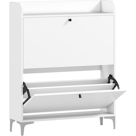 Mobile Scarpiera Slim 80x24x101 cm con 2 Cassetti a Ribalta e Ripiani Regolabili in Legno e Metallo Bianco